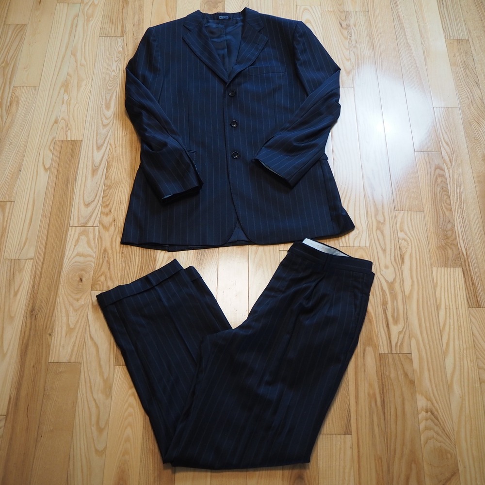 Ermenegildo Zegna Navy Blue Pinstripe Traveller Suit 42 Drop 6L Wool Silk Blend